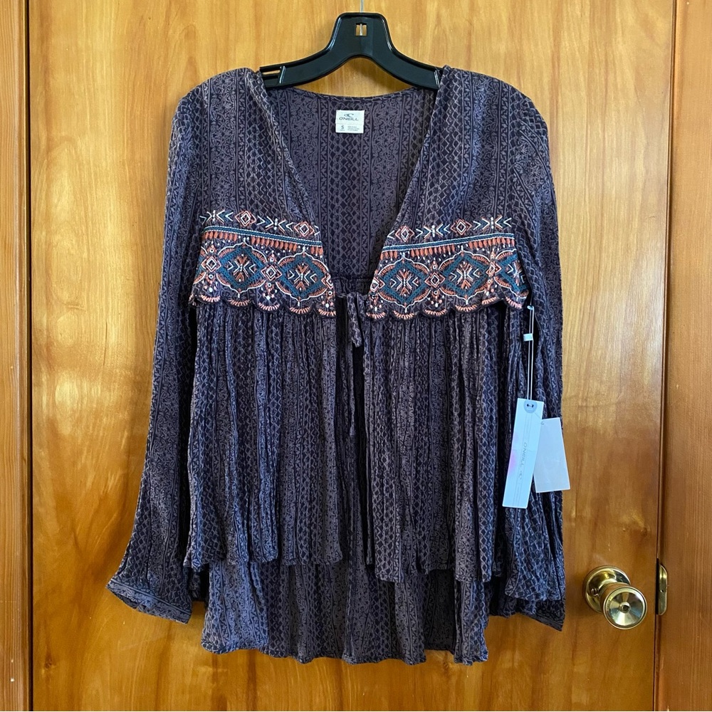 O'Neill Boho Top Blouse Gray Black w/ Embroidery Gauzy Fabric Beach Surf Size S